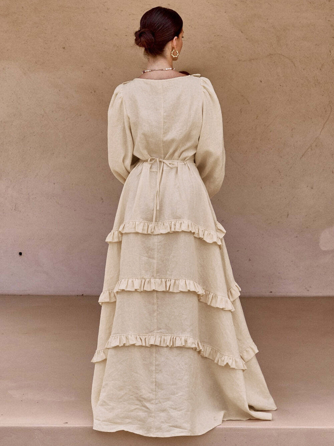 Cotton & Linen Semi-Sheer Ruffle Trim Long Dress