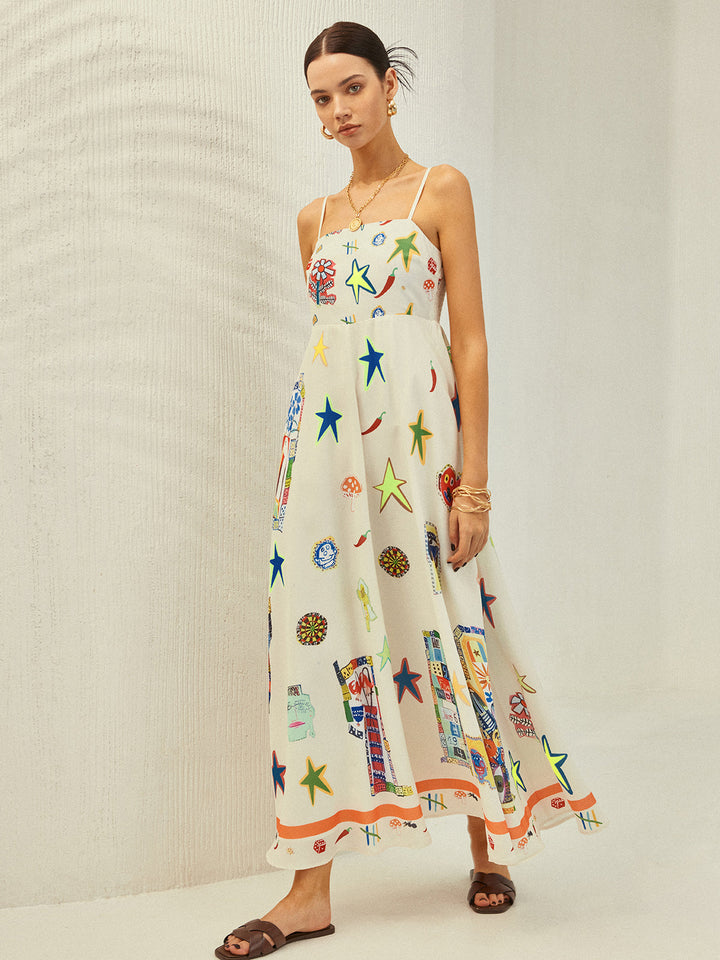 Adjustable Strap Print Dress With Pockets