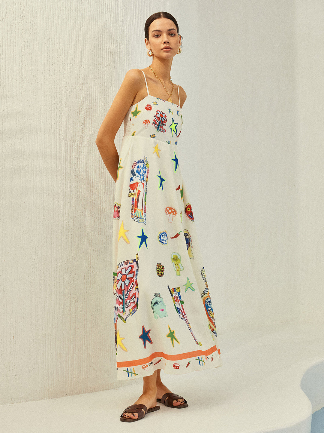 Adjustable Strap Print Dress With Pockets