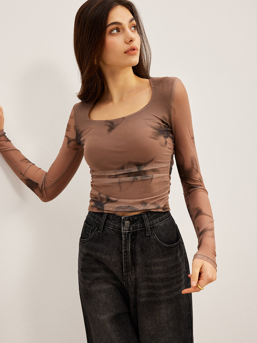 Tie Dye Floral Printed Mesh T-Shirt