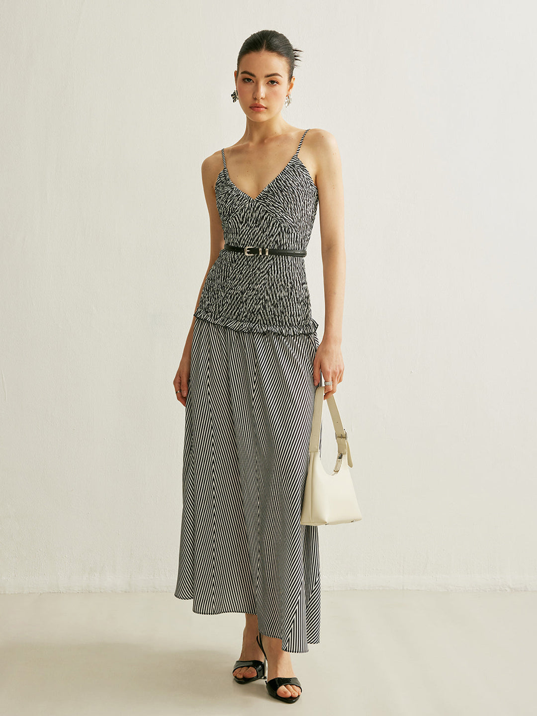 Shirred V-Neck Sleeveless Pleated Dress