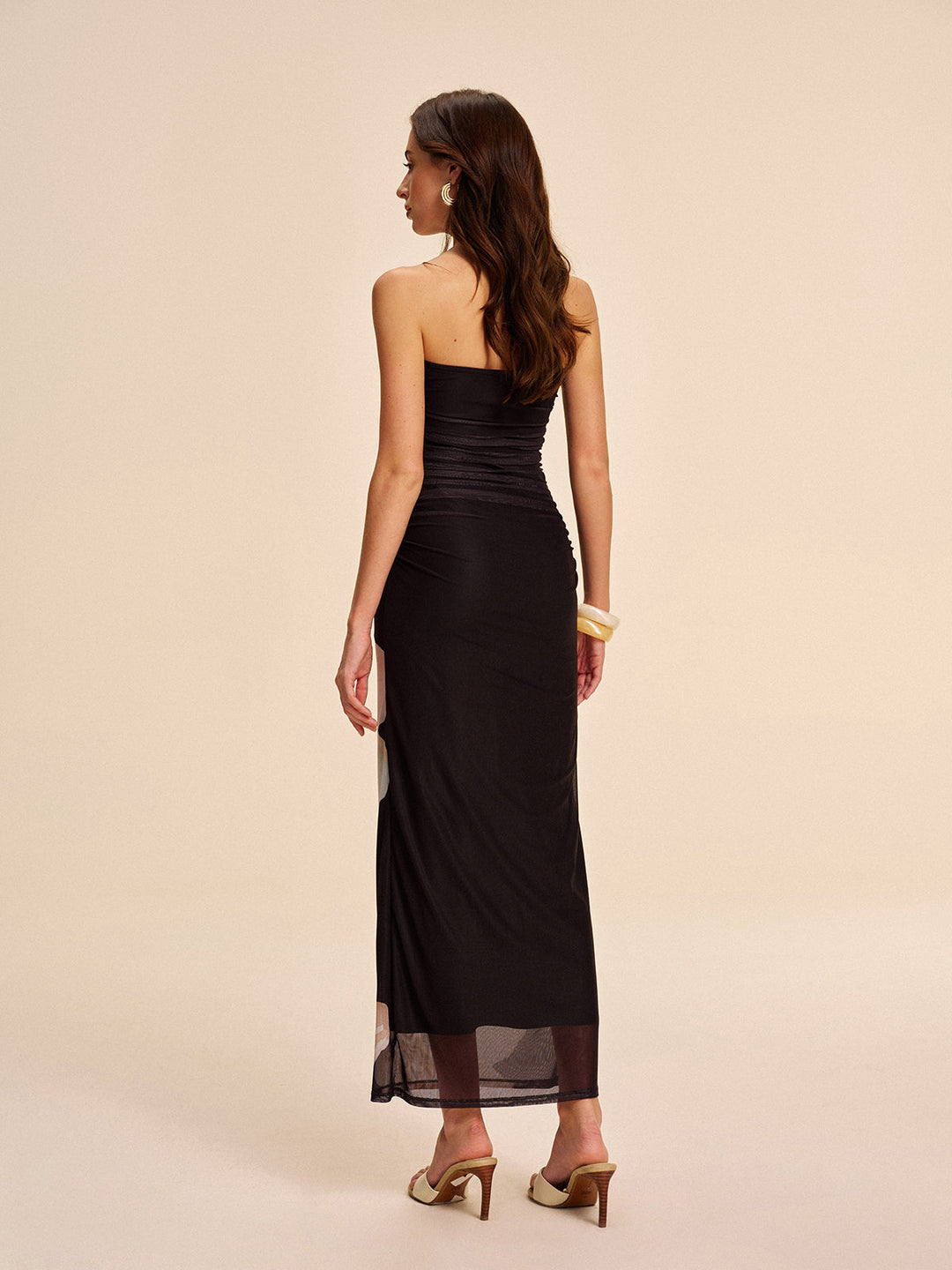 Semi-Sheer Strapless Ruched Floral Mesh Dress