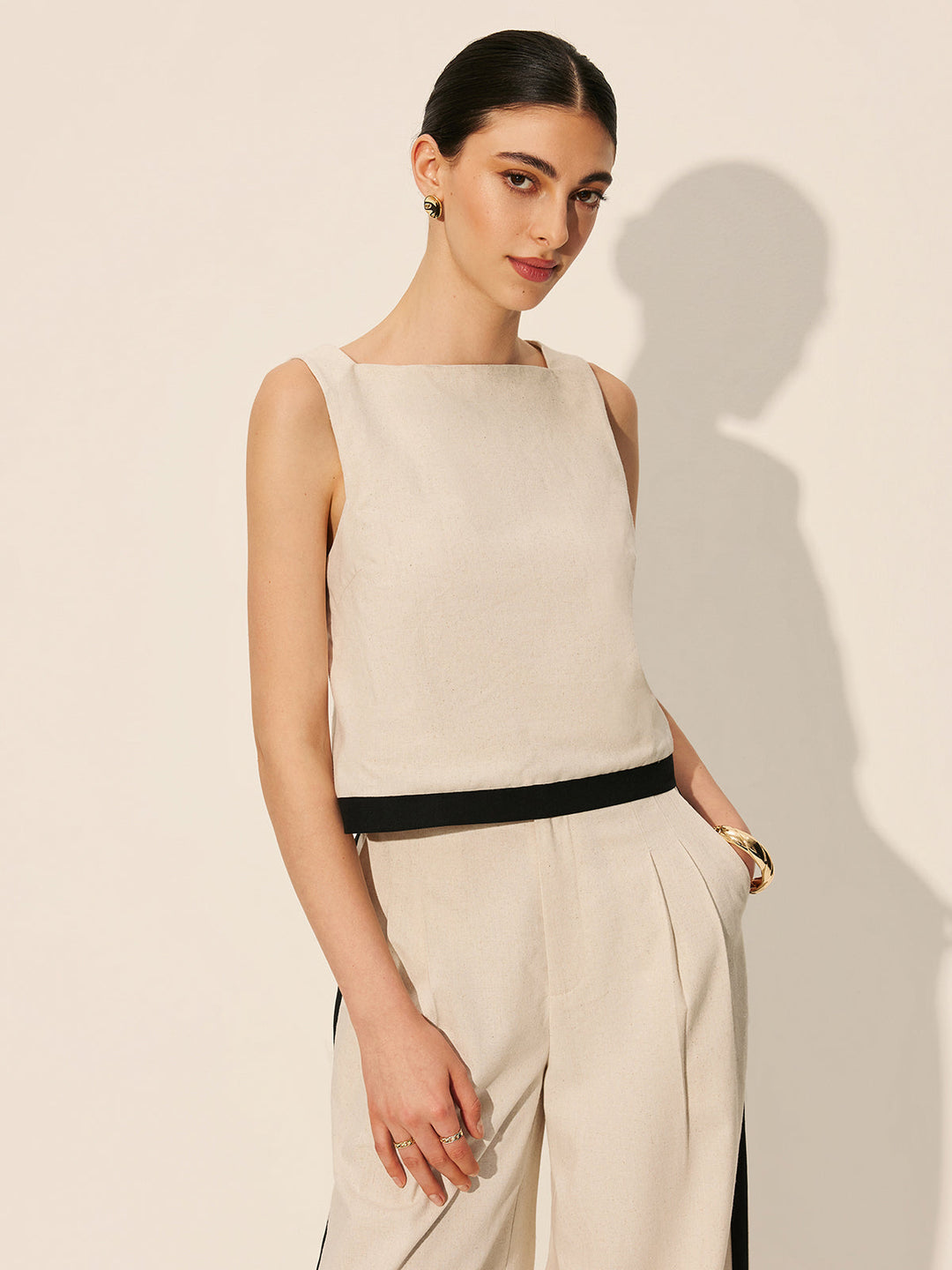 Linen & Cotton Zipper Contrast Binding Pants Set