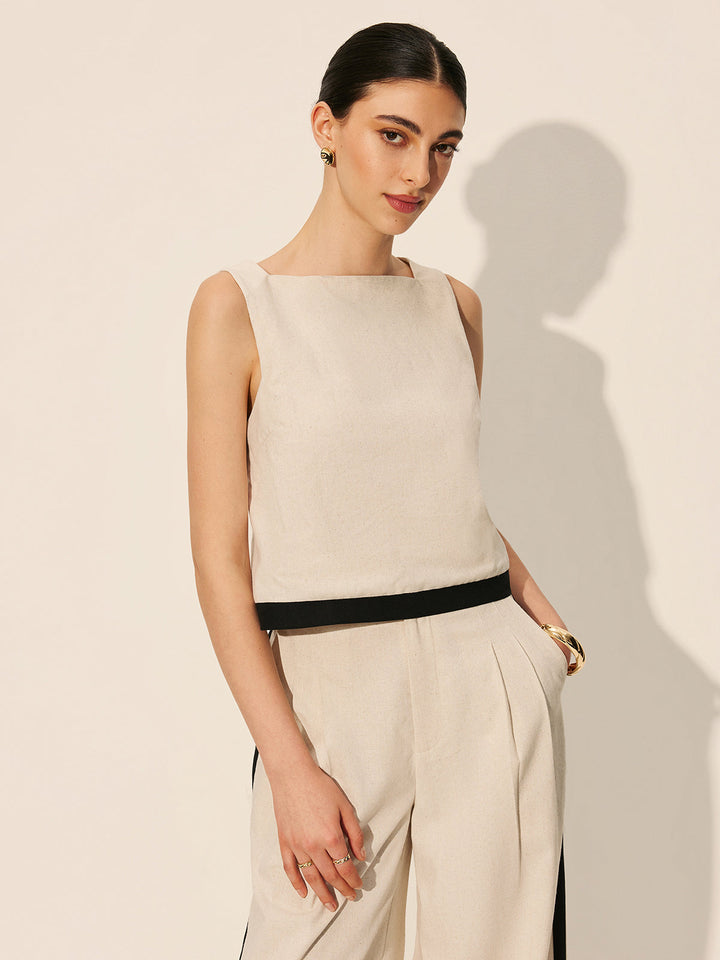 Linen & Cotton Zipper Contrast Binding Pants Set