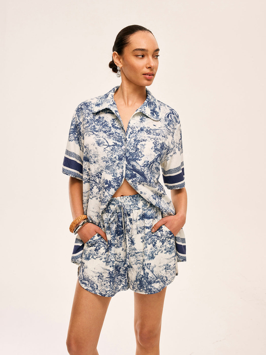 Printed Contrast Trim Shorts Set