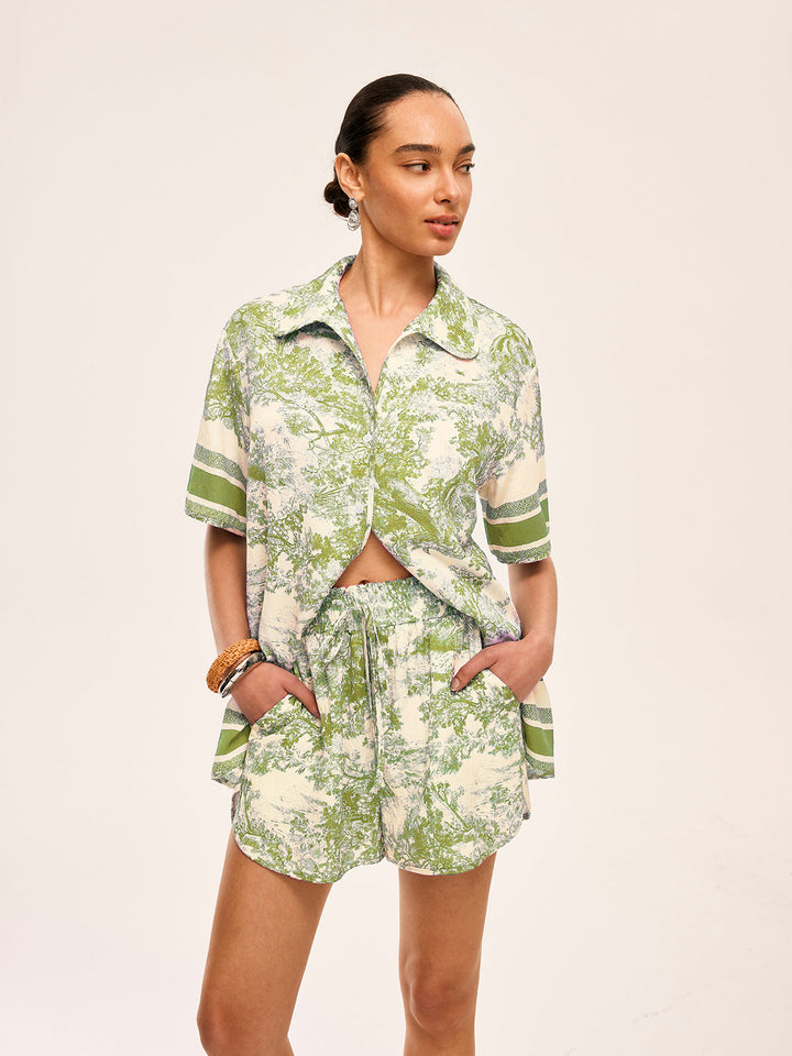 Printed Contrast Trim Shorts Set