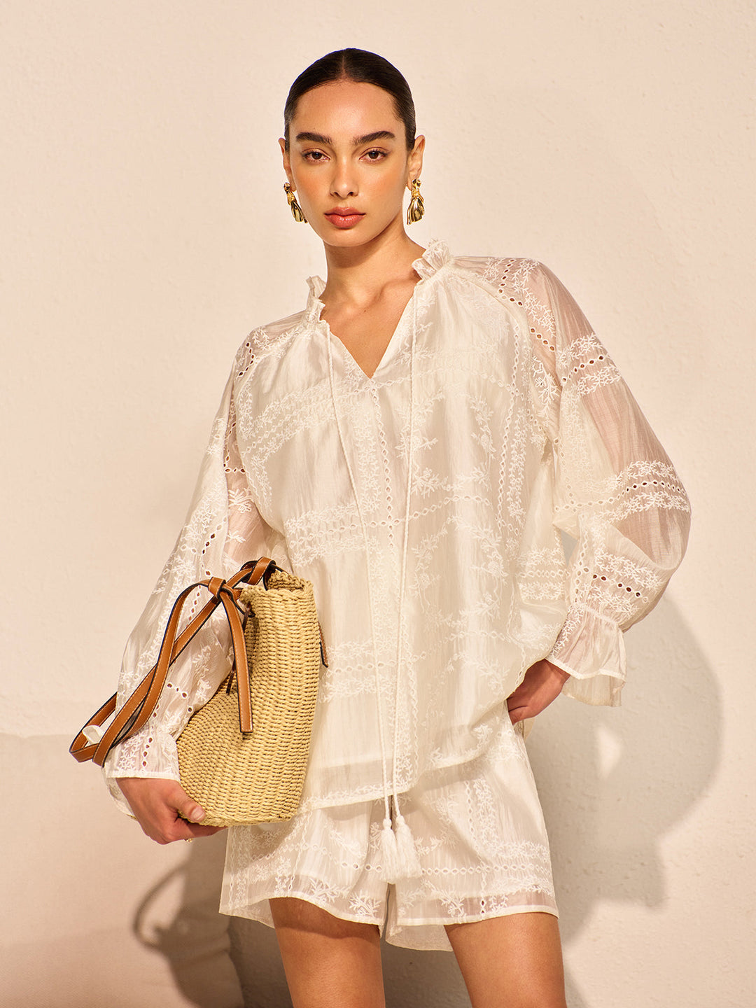 Embroidery Detail Long Sleeve Shorts Set