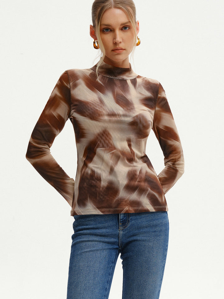 Abstract Print Mesh Long Sleeve T-Shirt