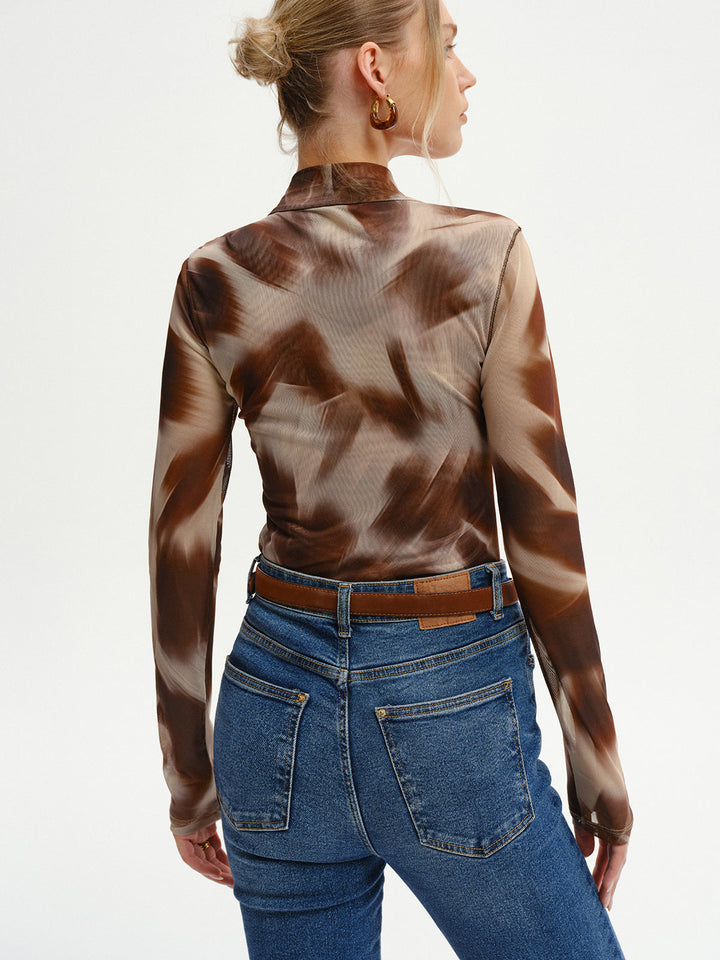 Abstract Print Mesh Long Sleeve T-Shirt