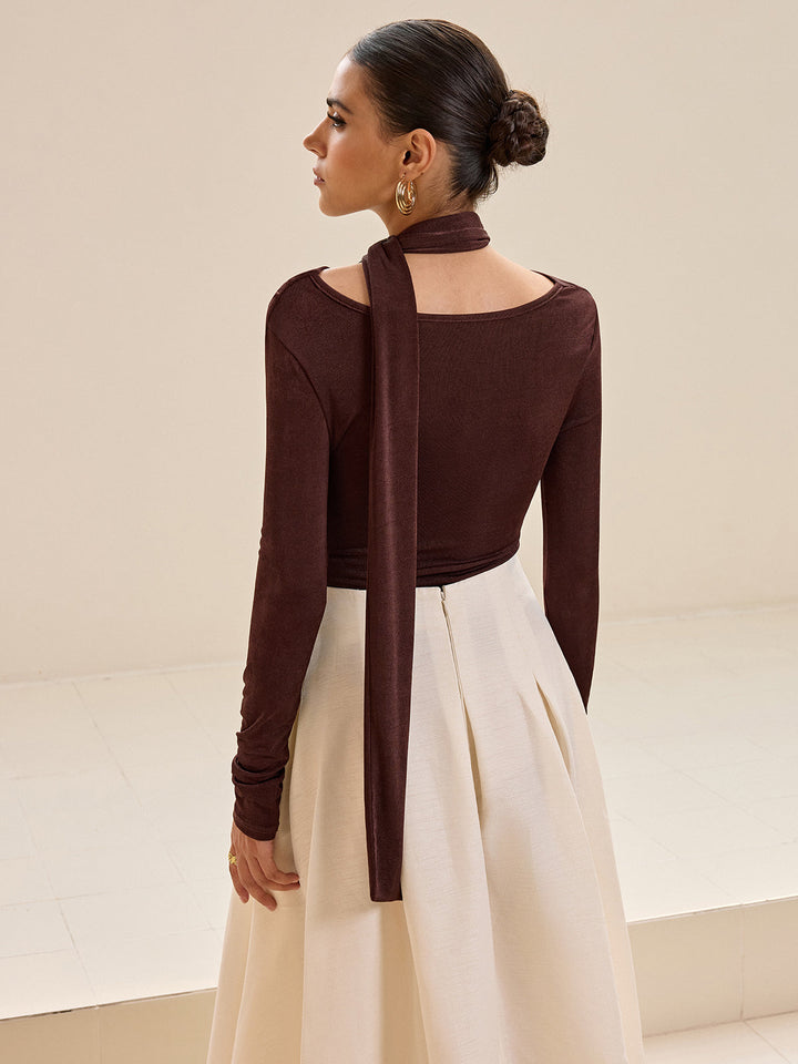Asymmetric Neck Tie Detail Long-Sleeve T-Shirt