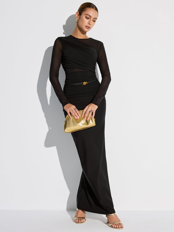 Metal Brooch Semi-Sheer Mesh Long Sleeve T-Shirt