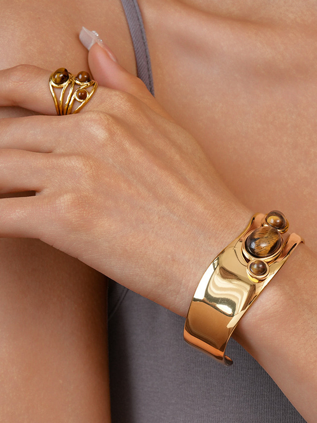 Tiger Eye Stone Titanium Steel Ring