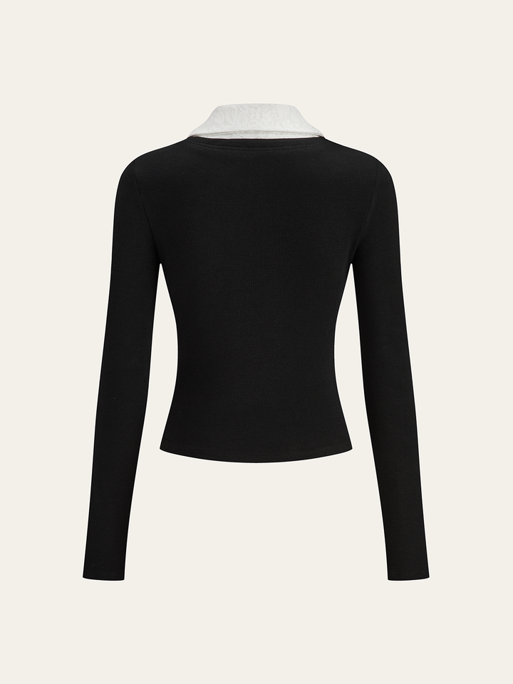 Lace Trim Collar Cotton Blend T-Shirt