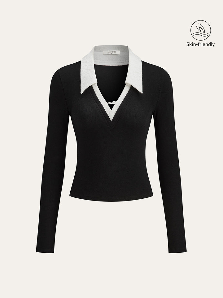 Lace Trim Collar Cotton Blend T-Shirt