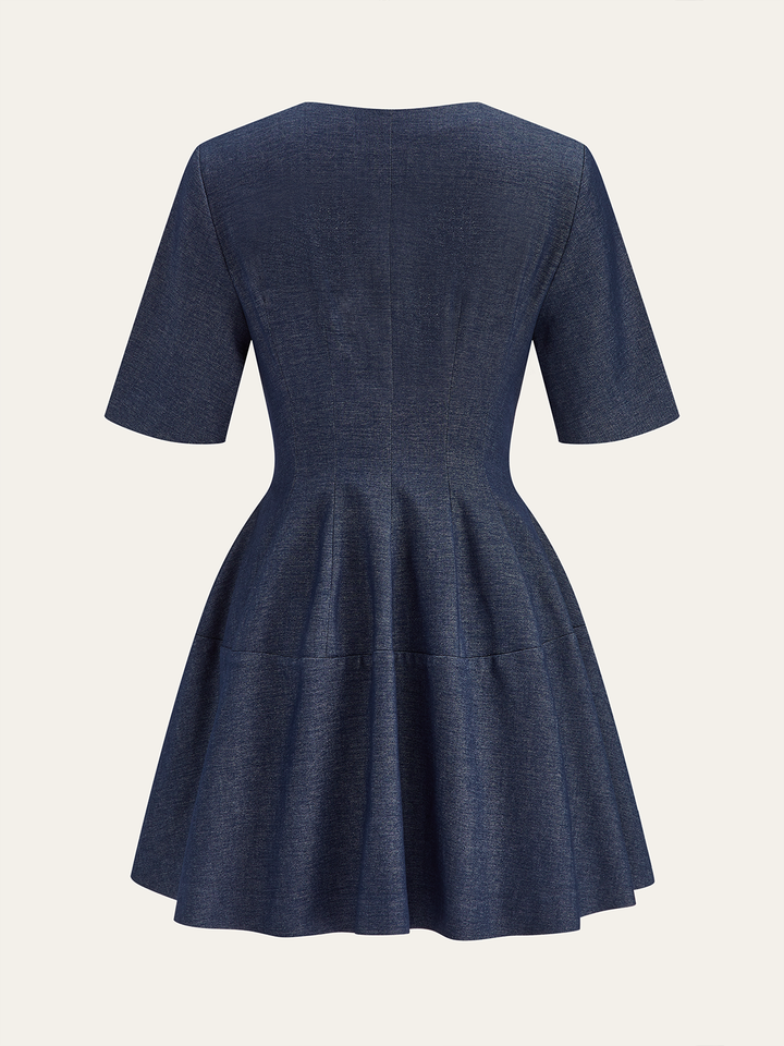 Denim Short Sleeved Zip-Front Mini Dress