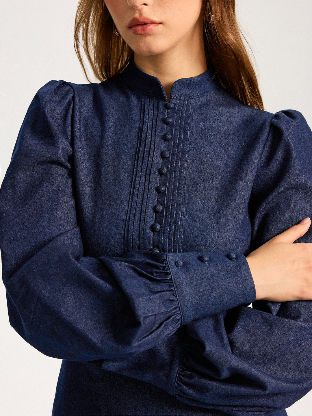 Denim Stand Collar Puff Sleeve Mini Dress