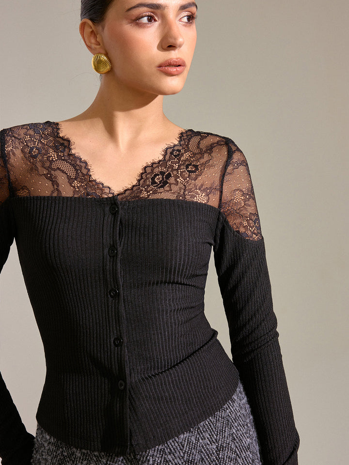 Lace Panel Ribbed Knit T-Shirt