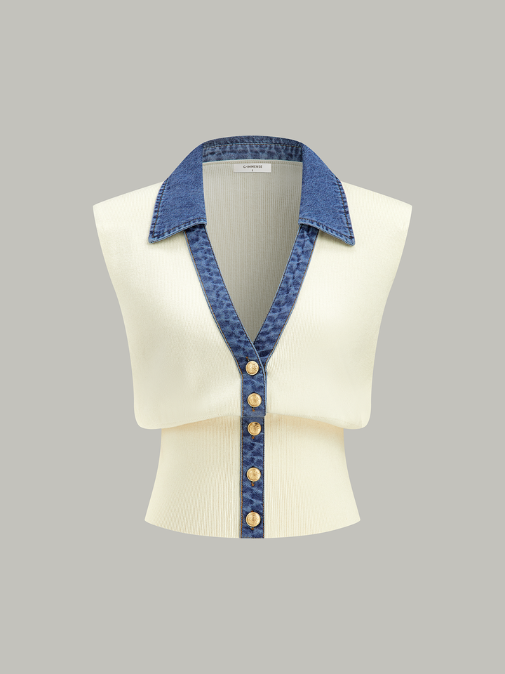 Denim Trim Metal Button Knit Vest