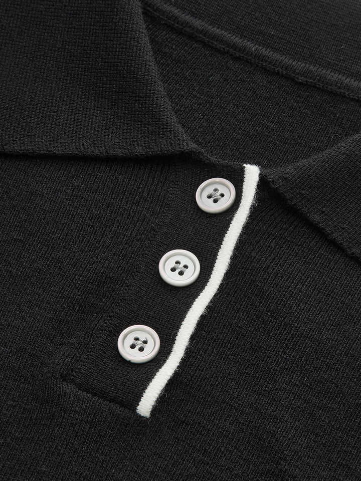 Asymmetric Contrast Trim Wool Blend Cropped Polo Top