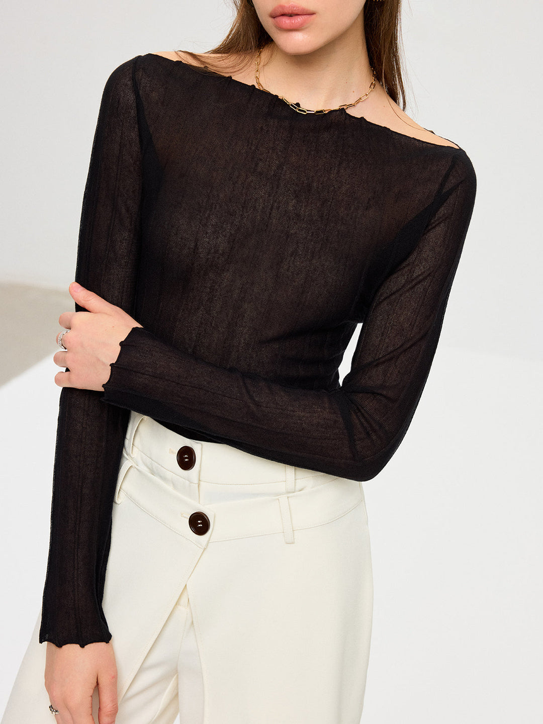 Off-Shoulder Sheer Knit Top