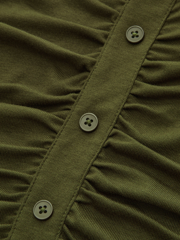Turtleneck Ruched Decor Button Knit Top
