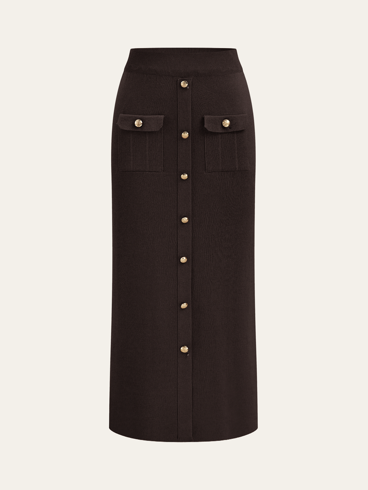 Metal Button Collared Cardigan and Midi Skirt Set
