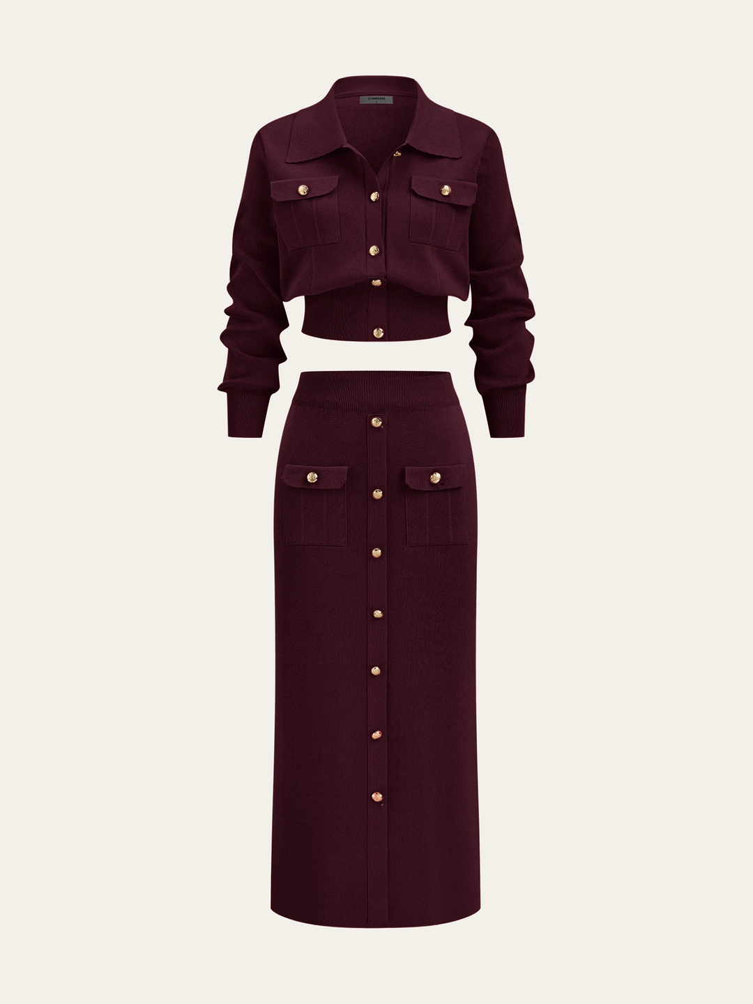 Metal Button Collared Cardigan and Midi Skirt Set