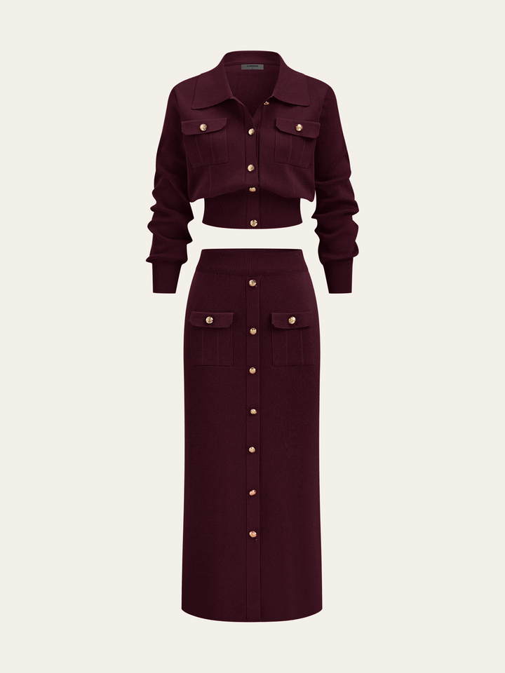 Metal Button Collared Cardigan and Midi Skirt Set