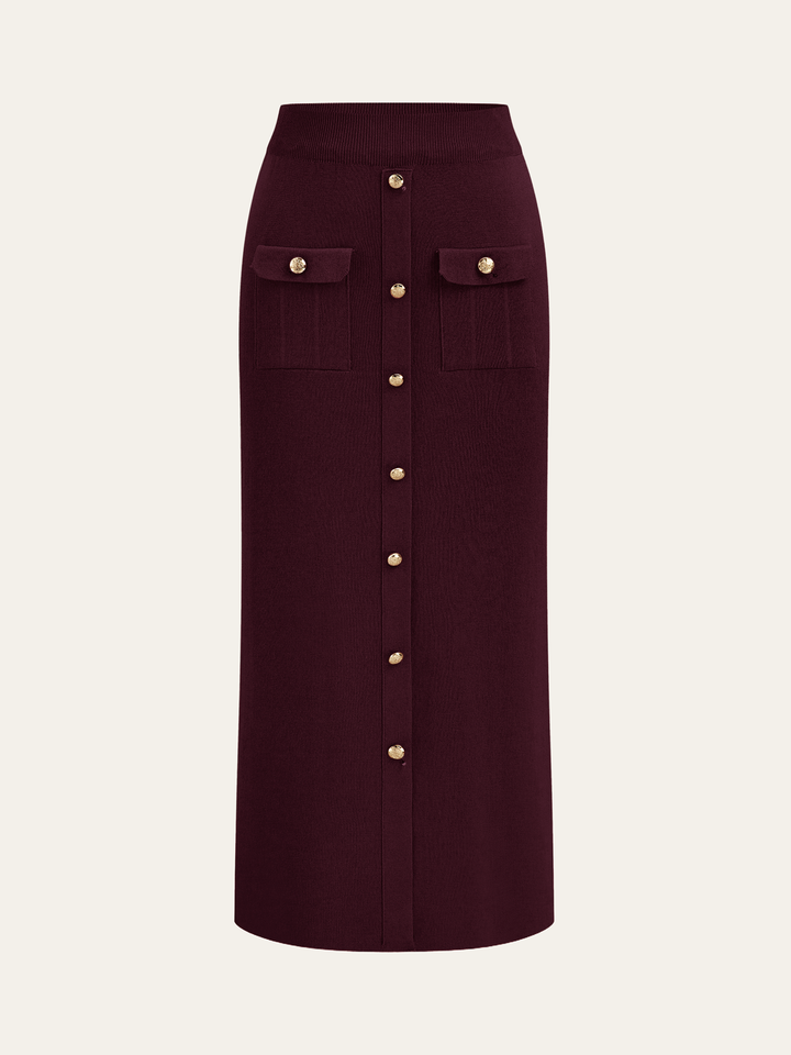 Metal Button Collared Cardigan and Midi Skirt Set