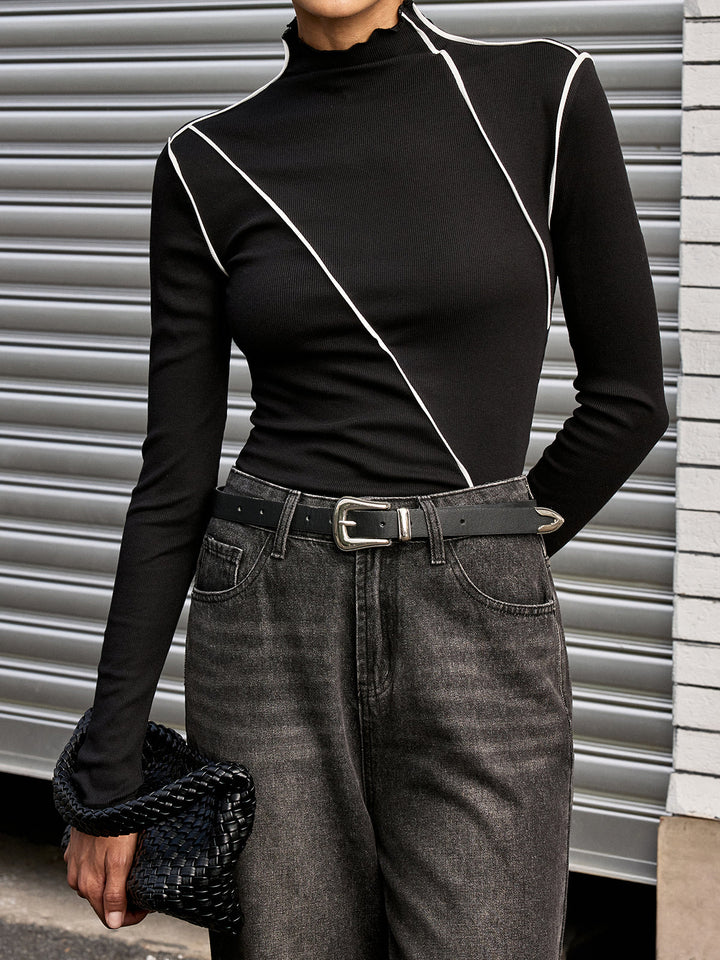 Contrast Asymmetric Piping Mock-Neck T-Shirt