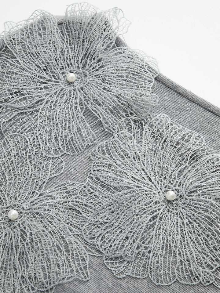 Faux Pearl Decor 3D Floral Fitted Soft Knit Top