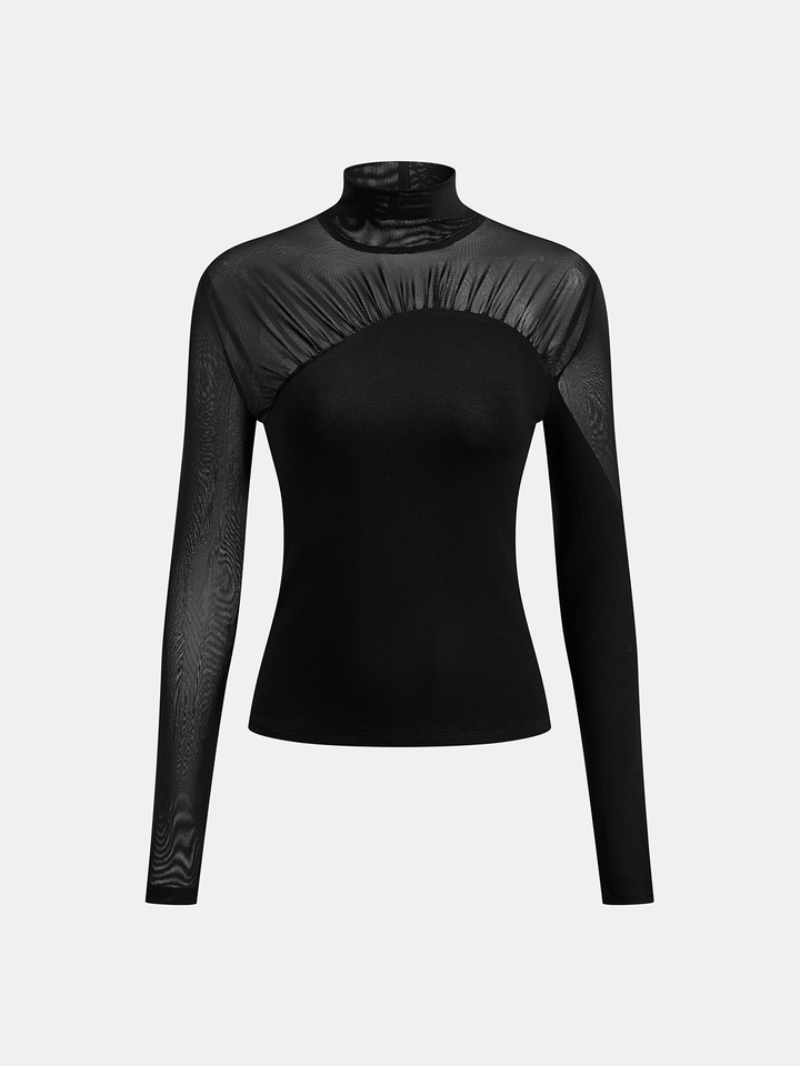 Sheer Mesh Paneled Turtleneck Top