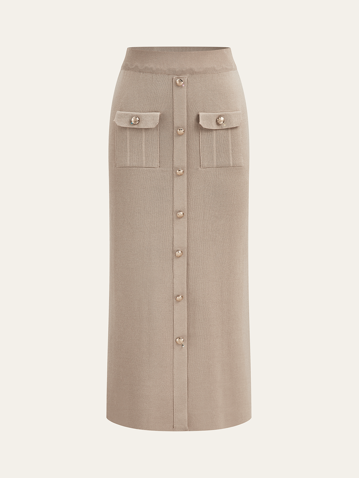 Metal Button Collared Cardigan and Midi Skirt Set