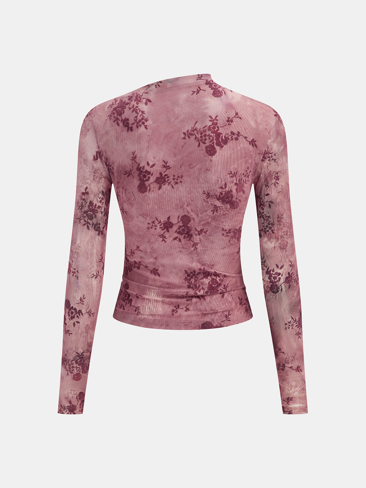 Rose Floral Mesh Ruched Top