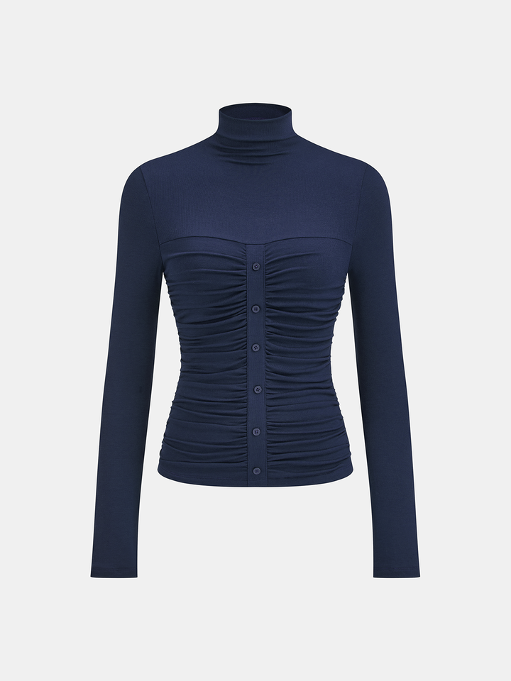 Turtleneck Ruched Decor Button Knit Top