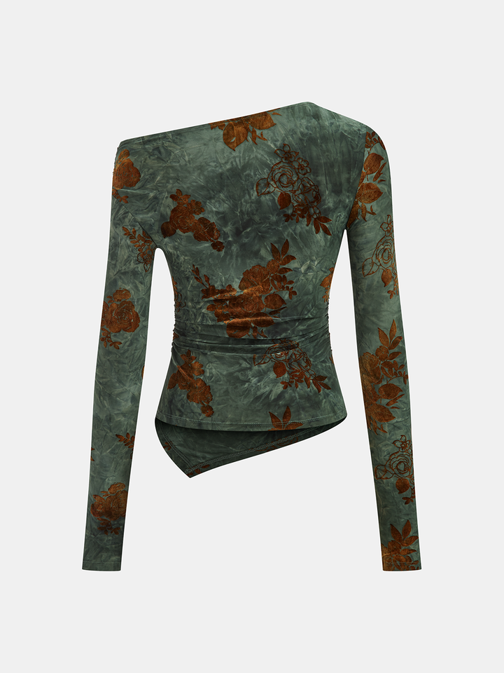 Floral Asymmetric Ruffle Long Sleeve Top
