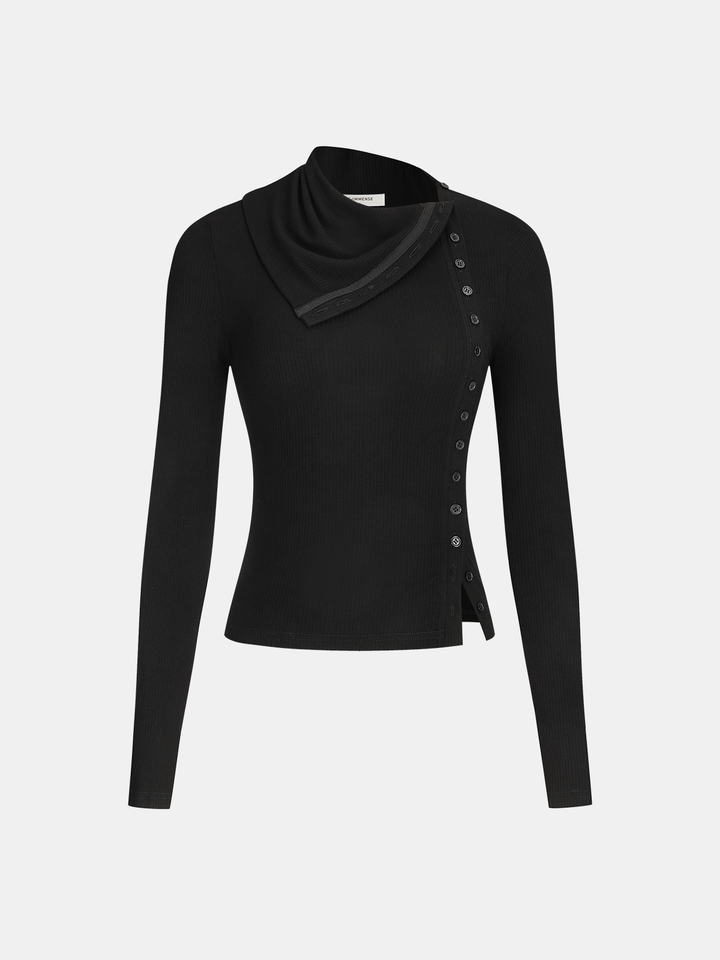 Side Button Asymmetric Lapel Ribbed Knit Top