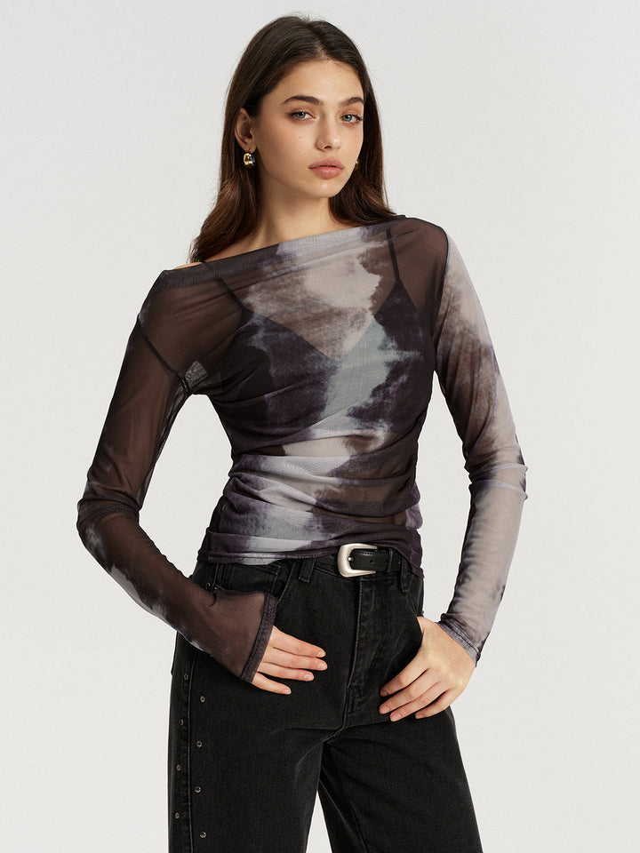 Mesh Tie-Dye Off-Shoulder Long Sleeve T-Shirt