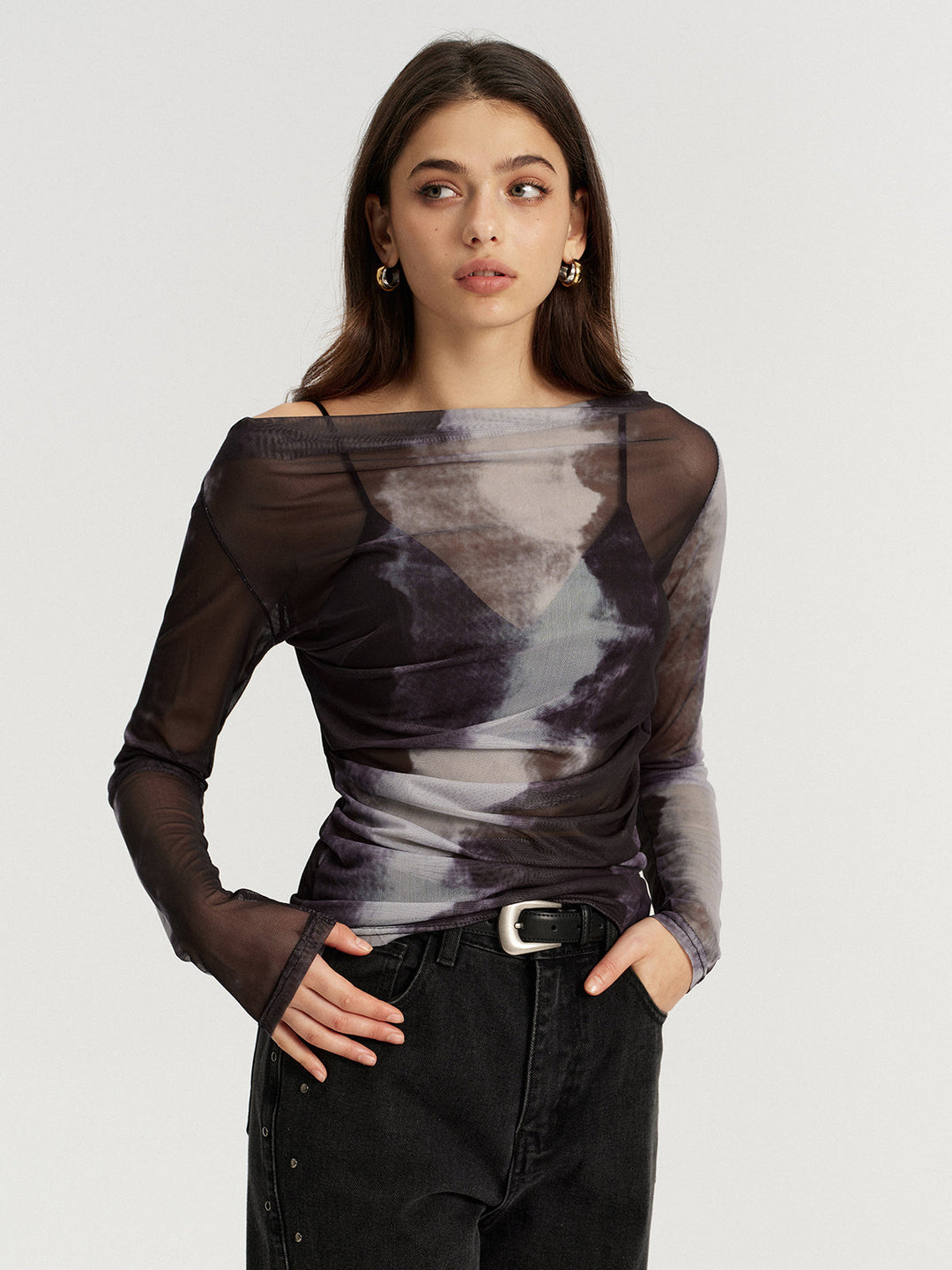 Mesh Tie-Dye Off-Shoulder Long Sleeve T-Shirt