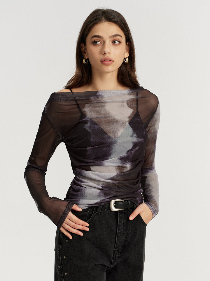 Mesh Tie-Dye Off-Shoulder Long Sleeve T-Shirt