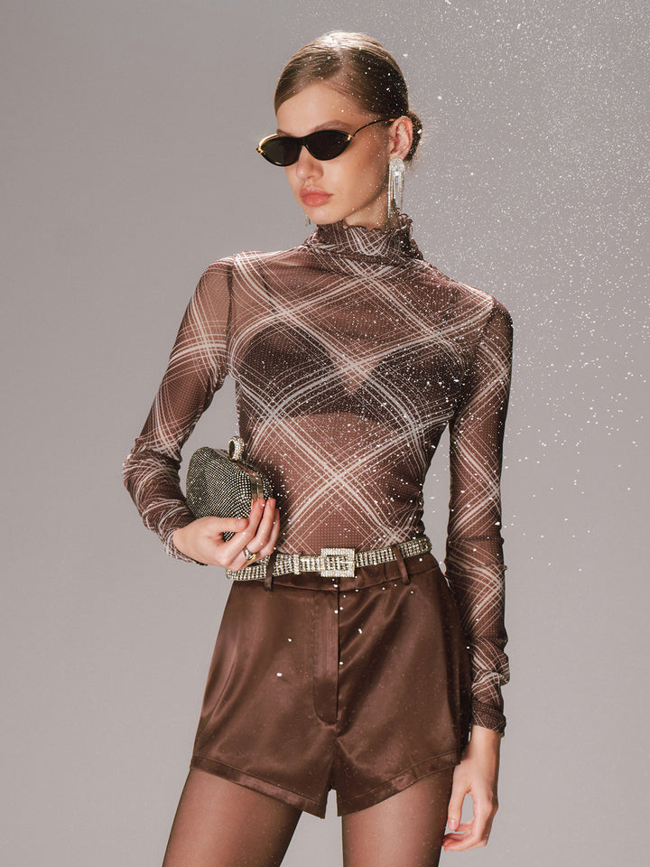 Turtleneck Sheer Mesh Plaid Long Sleeve Top