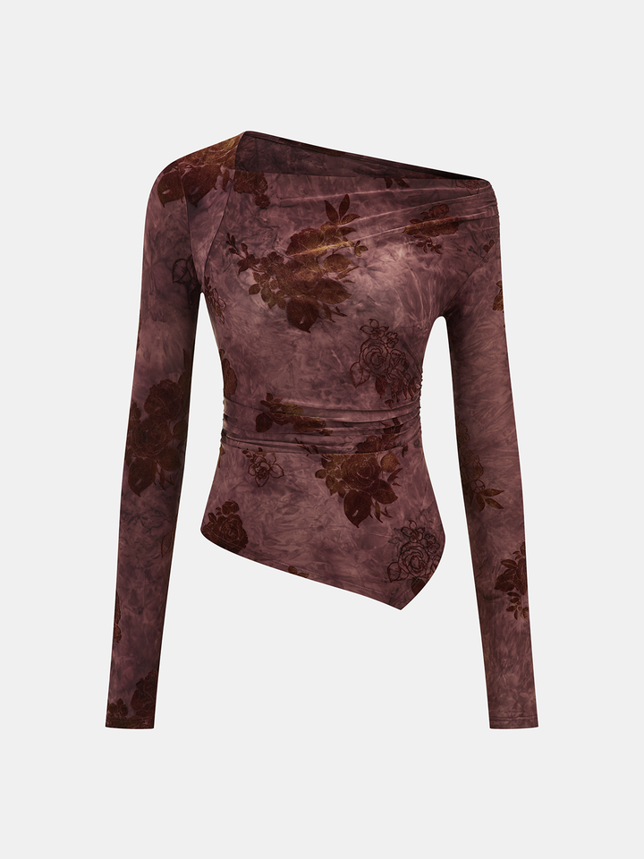 Floral Asymmetric Ruffle Long Sleeve Top