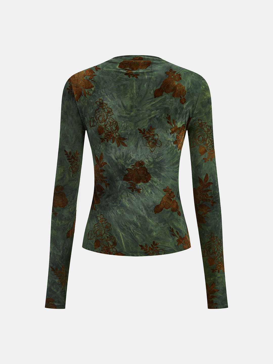 Velvet-Floral Ruched Long-Sleeve Top
