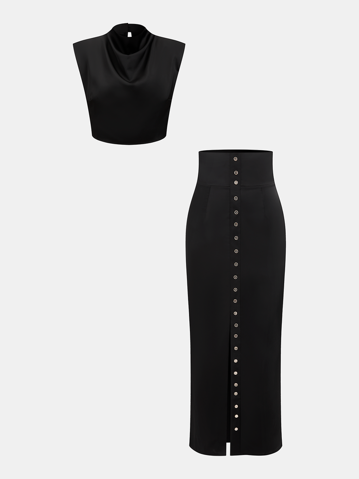 Satin Cowl-Neck Top & High-Waisted Skirt Set