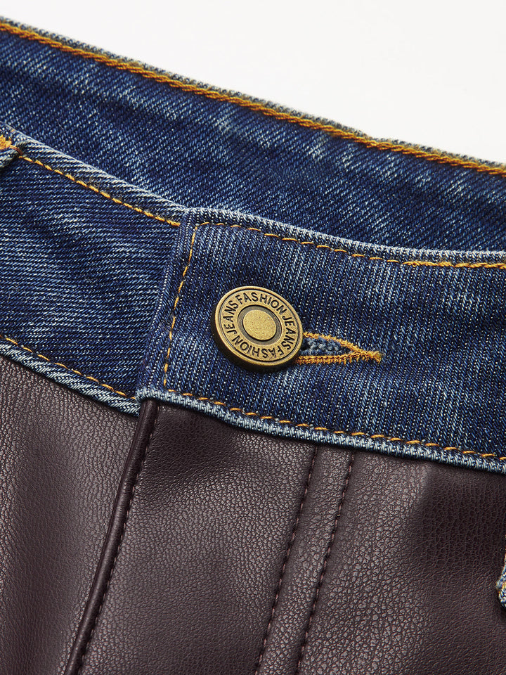 Denim Panel Faux Leather Straight-Leg Pants