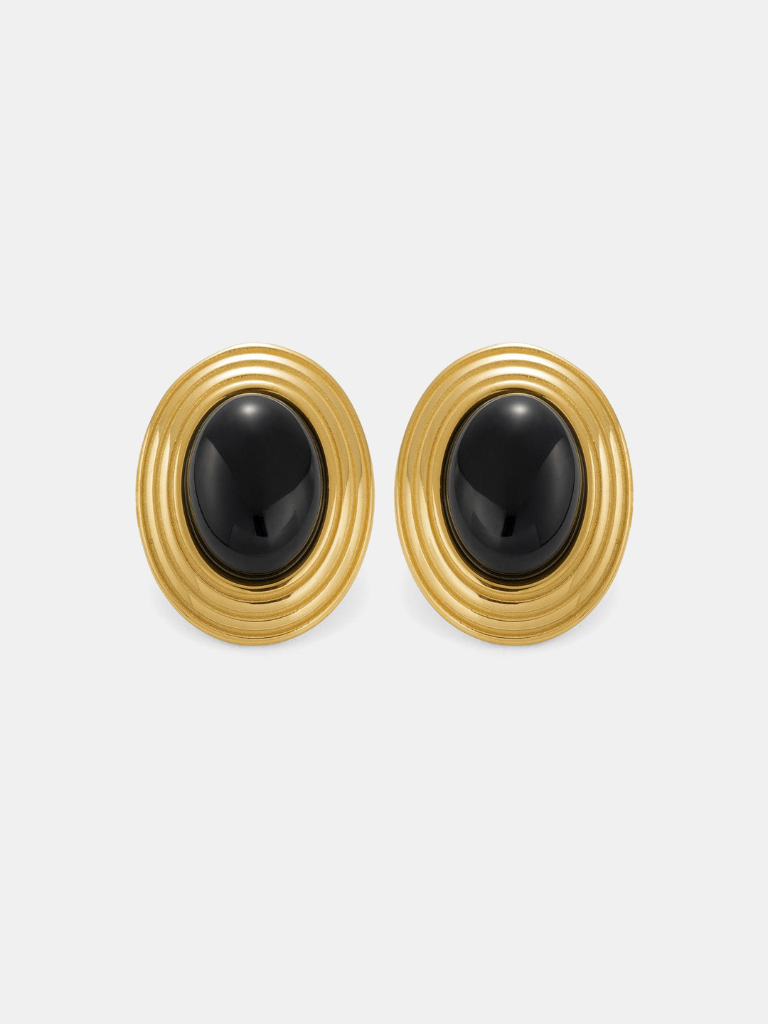 Textured Frame Black Oval Stone Stud Earrings