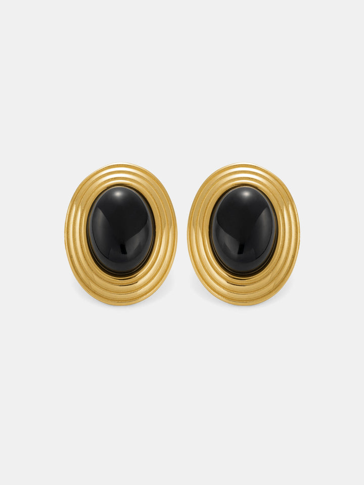 Textured Frame Black Oval Stone Stud Earrings