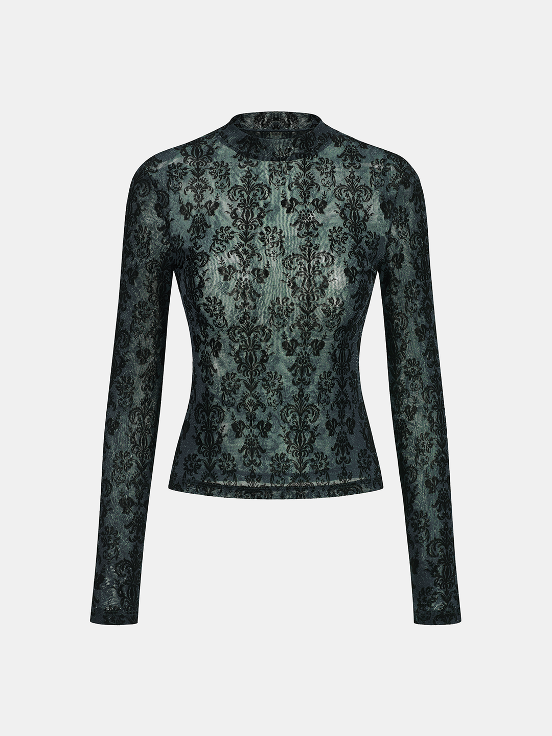 Damask Print Mock Neck T-Shirt
