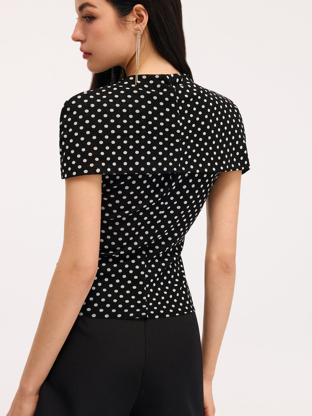 Polka Dot Cut-Out Ruched Short-Sleeve Blouse