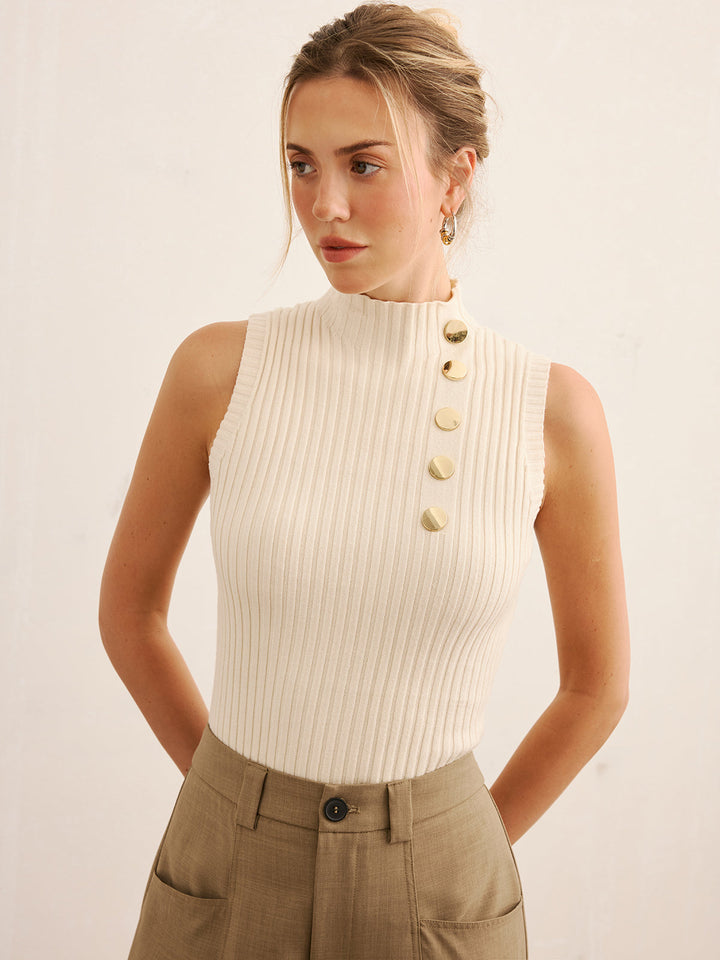 Metal Detail Ribbed Knit Mock Neck Tank Top